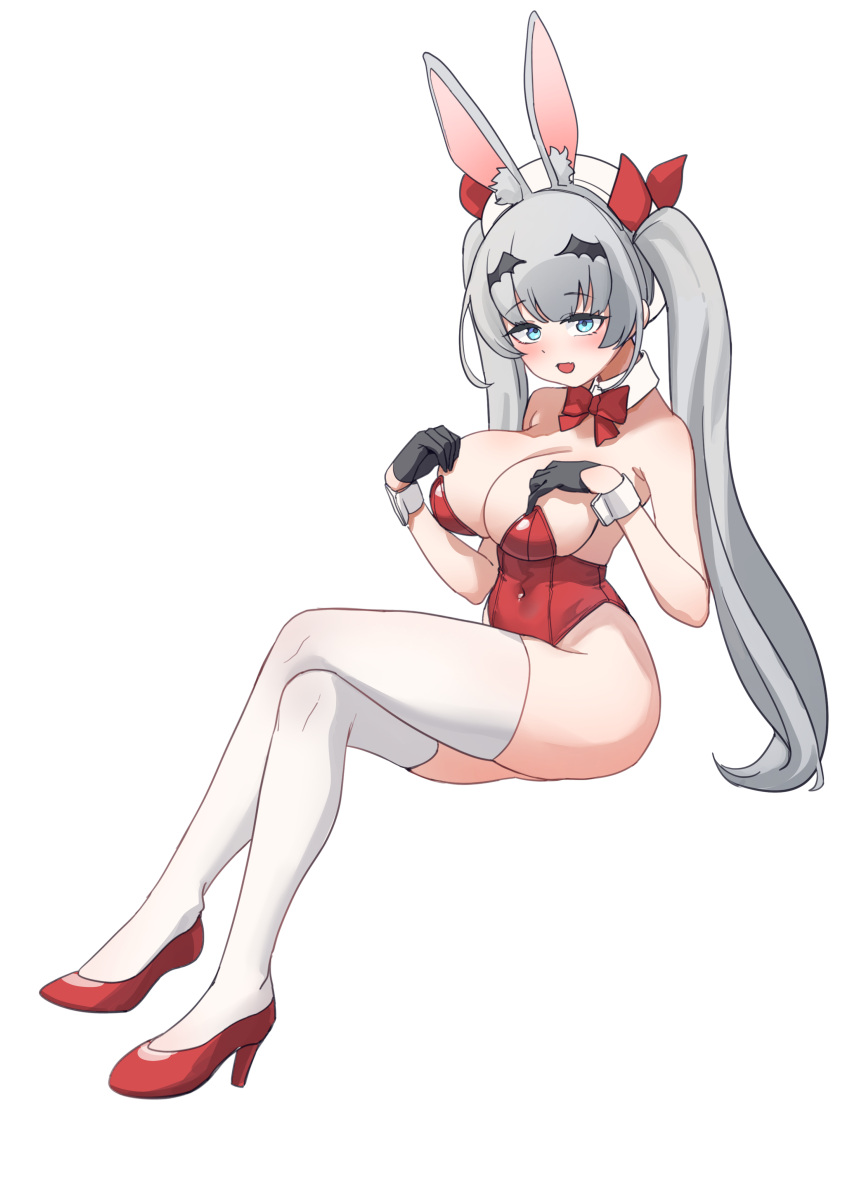 1girl :d absurdres animal_ear_fluff animal_ears aningay beret black_gloves blue_eyes blush bow breasts cleavage copyright_request covered_navel crossed_legs full_body gloves grey_hair hair_ribbon half_gloves hands_up hat high_heels highres large_breasts leotard long_hair playboy_bunny rabbit_ears red_bow red_footwear red_leotard red_ribbon ribbon shoes simple_background sitting smile solo strapless strapless_leotard thighhighs twintails very_long_hair white_background white_hat white_thighhighs wing_hair_ornament wrist_cuffs