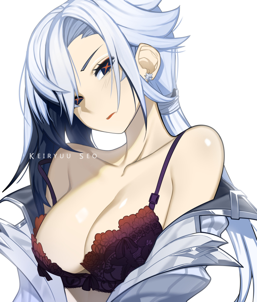 1girl absurdres arlecchino_(genshin_impact) black_eyes black_hair bra breasts earrings genshin_impact head_tilt highres jacket jewelry keiryuu_seo looking_at_viewer low_ponytail multicolored_hair off_shoulder red_pupils solo strap_slip symbol-shaped_pupils underwear upper_body white_hair x-shaped_pupils