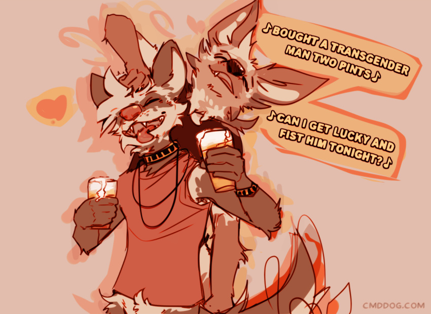 2024 alcohol anthro beer beverage biped brown_body brown_fur canid canine collar digital_media_(artwork) domestic_ferret duo english_text eyes_closed fur holding_beer lawyerdog maki_(lawyerdog) male mammal maned_wolf multicolored_body multicolored_fur mustelid musteline smile tan_body tan_fur text true_musteline weasel white_body white_fur