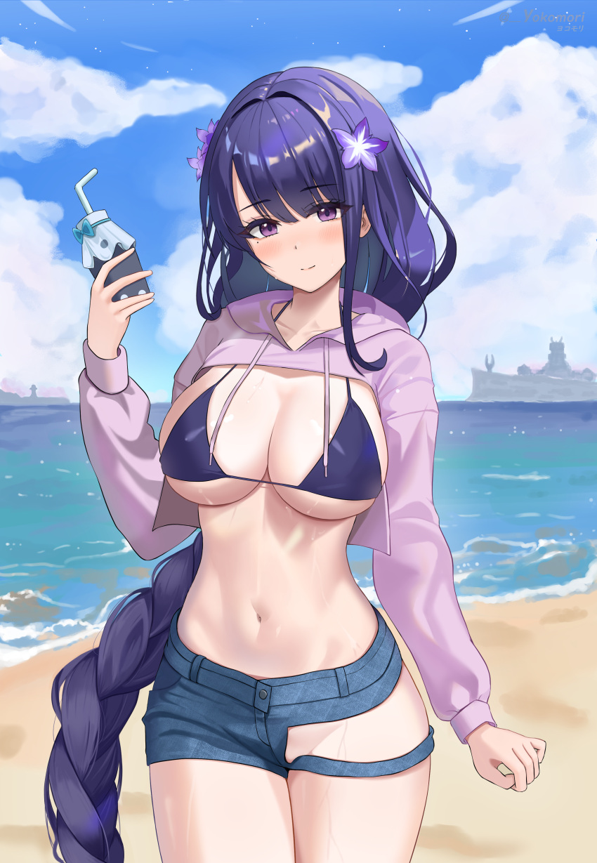 1girl absurdres alternate_costume arm_at_side beach bikini bikini_top_only blue_sky blush braid breasts clothing_cutout cloud cloudy_sky commentary contemporary day drink flower genshin_impact hair_flower hair_ornament highres holding holding_drink judynoboken large_breasts legs_together long_hair long_sleeves low-braided_long_hair low-tied_long_hair mole mole_under_eye navel ocean outdoors purple_bikini purple_hair raiden_shogun revealing_clothes sand ship short_shorts shorts single_braid sky smile solo standing stomach swimsuit thigh_cutout very_long_hair watercraft wet