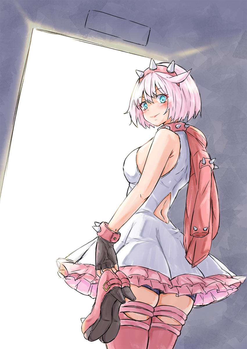 1girl ahoge aqua_eyes bare_shoulders black_gloves collar cowboy_shot door dress elphelt_valentine fingerless_gloves from_behind gloves gots522 gottsu guilty_gear guilty_gear_strive hairband high_heels highres jacket jacket_over_shoulder light looking_at_viewer looking_back pink_footwear pink_hair pink_jacket pink_thighhighs short_hair sleeveless sleeveless_dress solo spiked_collar spiked_hairband spikes thighhighs unworn_footwear unworn_jacket white_dress