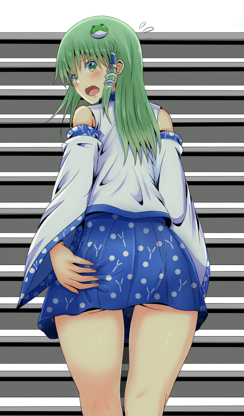 1girl absurdres ass bare_shoulders blue_skirt blush commentary_request cowboy_shot detached_sleeves fingernails flying_sweatdrops frog_hair_ornament from_behind green_eyes green_hair hair_ornament highres kochiya_sanae kyanta5354 long_hair long_sleeves looking_at_viewer looking_back miniskirt open_mouth partial_commentary pleated_skirt shirt single_hair_tube skirt sleeveless sleeveless_shirt snake_hair_ornament solo stairs standing touhou turning_head white_shirt white_sleeves wide_sleeves