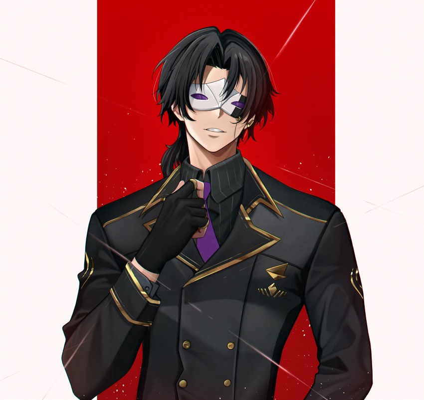 1boy black_gloves black_hair black_shirt black_suit buttons chin cid_kagenou collar collared_shirt cropped_torso fader_ec fingerless_gloves formal gloves gold grin highres john_smith_(cid_kagenou) kage_no_jitsuryokusha_ni_naritakute! logo looking_at_viewer male_focus mask medium_hair necktie purple_necktie shirt smile string suit teeth torso