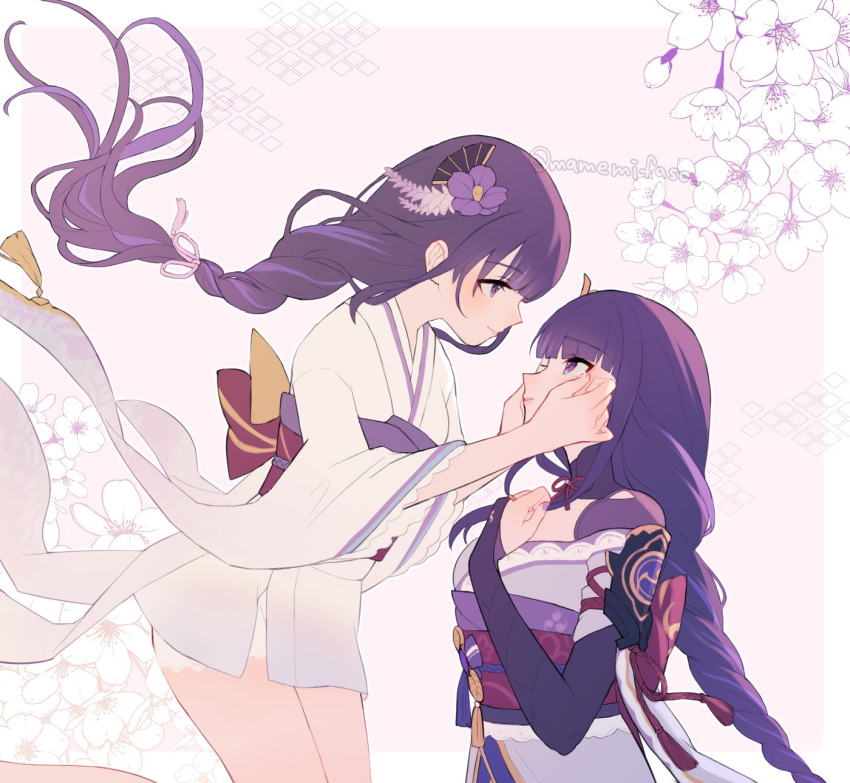 2girls blunt_bangs braid closed_mouth floating flower from_side genshin_impact hair_ornament hair_ribbon hand_on_another's_cheek hand_on_another's_face hand_on_own_chest highres japanese_clothes light_blush light_smile long_hair looking_at_another looking_down looking_up makoto_(genshin_impact) mano_(m1n0f2e1) mitsudomoe_(shape) multiple_girls pink_background purple_eyes purple_hair raiden_shogun ribbon siblings single_braid sisters standing tomoe_(symbol) twitter_username white_flower