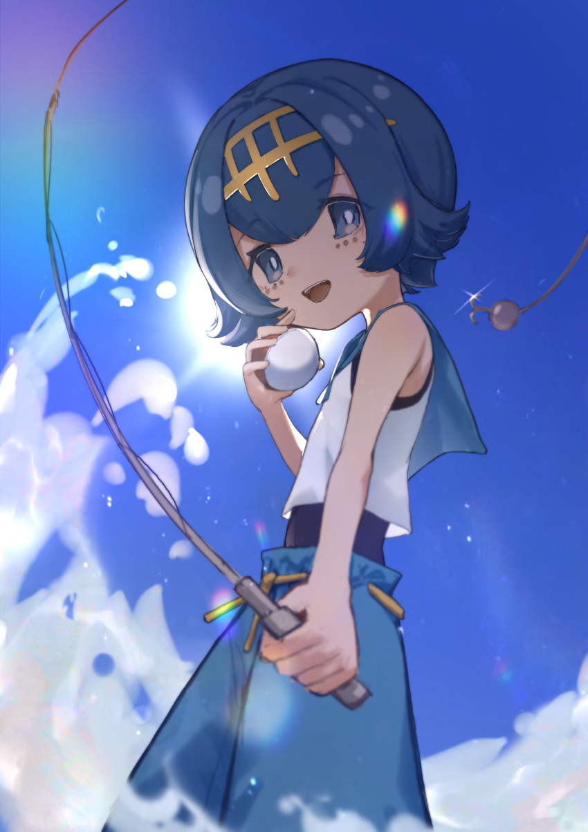 1girl absurdres blue_hair blue_shorts blue_sky bright_pupils chinese_commentary cloud commentary_request day fishing_rod hairband highres holding holding_fishing_rod lana_(pokemon) looking_at_viewer nekoballp no_sclera outdoors poke_ball pokemon pokemon_sm shirt shorts sky sleeveless sleeveless_shirt solo swimsuit swimsuit_under_clothes white_pupils white_shirt yellow_hairband
