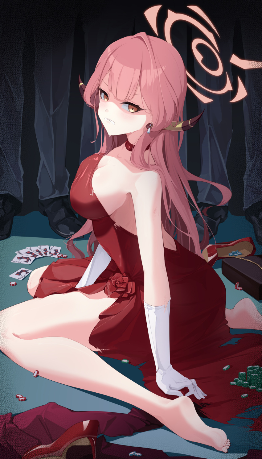 1girl absurdres aru_(blue_archive) aru_(dress)_(blue_archive) bare_legs bare_shoulders barefoot blue_archive breasts card choker cleavage clenched_teeth coat dress earrings elbow_gloves feibai gloves halo high_heels highres horns jewelry large_breasts legs long_hair looking_at_viewer necklace pink_hair playing_card poker_chip red_coat red_dress shaded_face shoes side_slit sitting soles solo_focus teeth toes unworn_coat unworn_shoes wariza white_gloves yellow_eyes