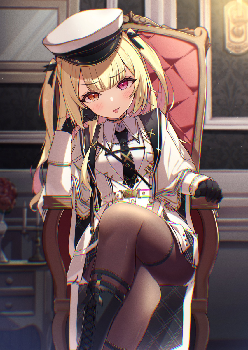 1girl :p absurdres armchair belt black_footwear black_gloves black_necktie blonde_hair blush boots brown_pantyhose chair collared_shirt crossed_legs equal_(heartstrings) gloves hat head_rest heterochromia highres hoshikawa_sara hoshikawa_sara_(6th_costume) long_hair long_sleeves looking_at_viewer military_hat military_uniform necktie nijisanji official_alternate_costume orange_eyes pantyhose peaked_cap pink_eyes shirt sitting smile solo thigh_strap tongue tongue_out uniform virtual_youtuber white_belt white_shirt