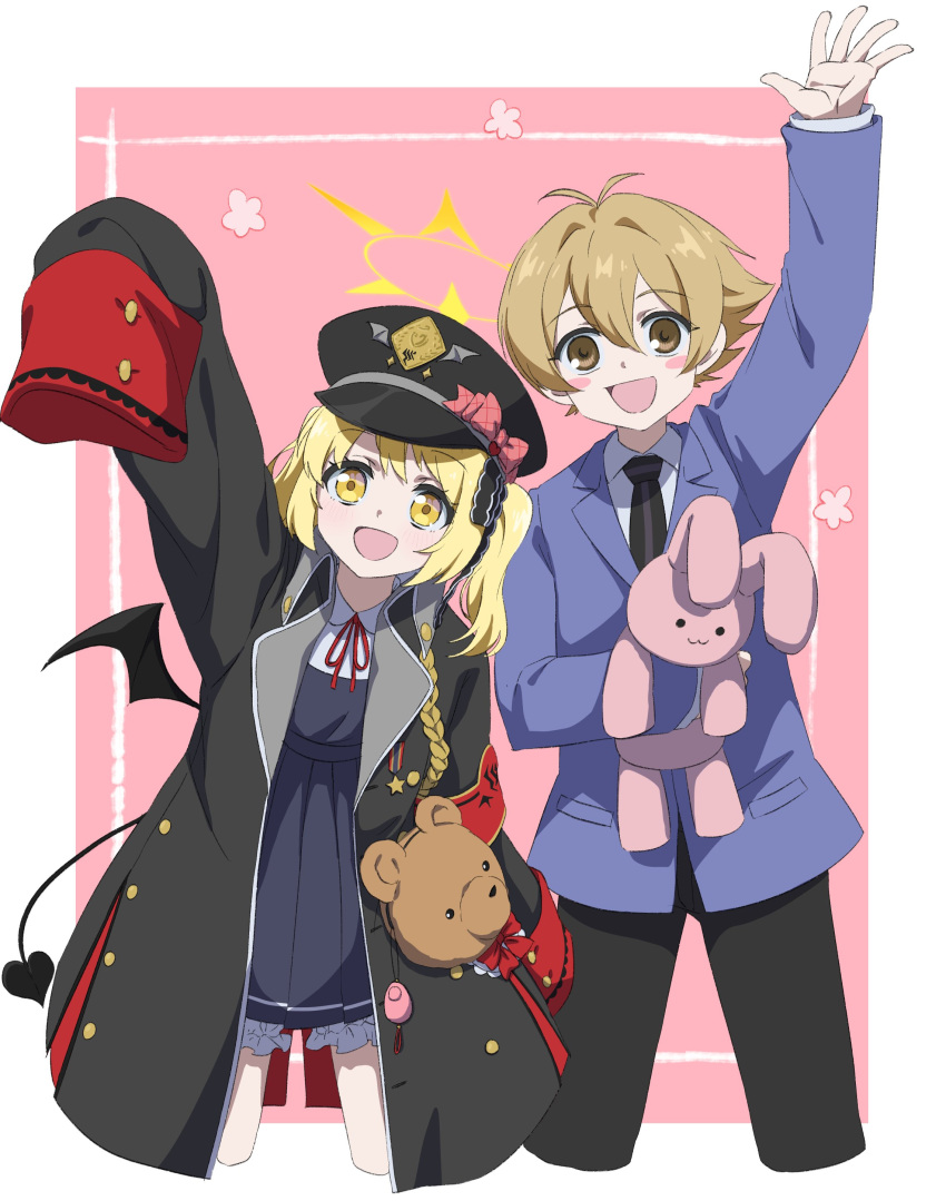 1boy 1girl absurdres black_coat black_hat black_pants black_ribbon blonde_hair blue_archive brown_eyes brown_hair coat collared_shirt cropped_legs crossover hair_ribbon halo haninozuka_mitsukuni hat highres ibuki_(blue_archive) jacket long_sleeves looking_at_viewer minowa_sukyaru necktie open_mouth ouran_high_school_host_club ouran_high_school_uniform pants ribbon school_uniform shirt sleeves_past_fingers sleeves_past_wrists stuffed_animal stuffed_rabbit stuffed_toy tail teddy_bear waving wings yellow_eyes