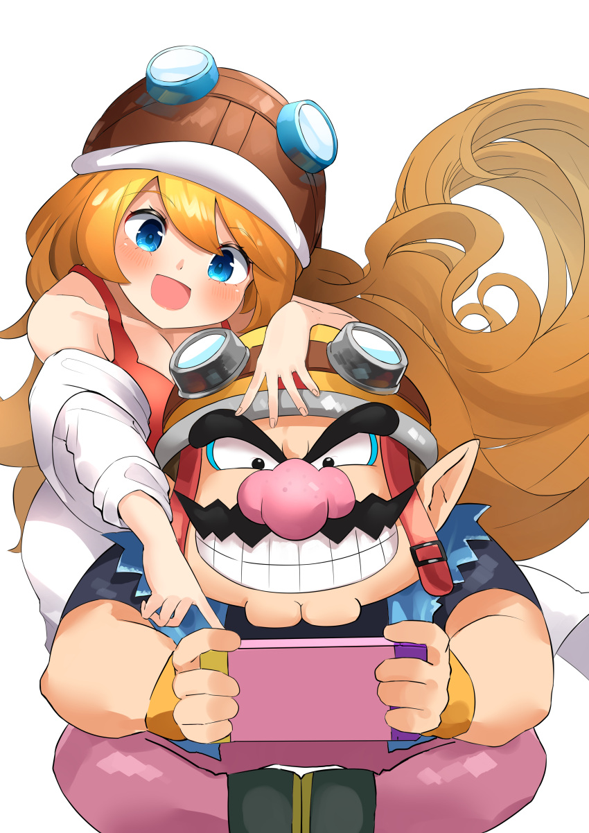 1boy 1girl absurdly_long_hair absurdres arm_rest bare_shoulders behind_another blonde_hair blue_eyes brown_hair camisole coat dragon_star2 facial_hair fingernails goggles goggles_on_headwear grin hand_on_another's_head handheld_game_console helmet highres holding holding_handheld_game_console labcoat long_hair looking_at_object mario_(series) mona_(warioware) mustache nose off_shoulder open_mouth outstretched_arm pants pink_nose playing_games pointing pointy_ears shiny shiny_hair shirt short_sleeves simple_background sitting smile teeth v-shaped_eyebrows very_long_hair vest wario warioware white_background white_coat wristband