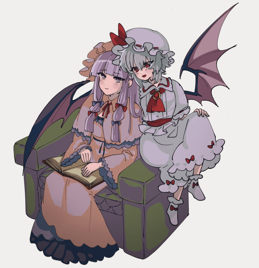 2girls armchair ascot blue_bow blue_eyes book bow chair closed_mouth dress dress_bow frilled_hat frills hair_bow hat hat_ribbon highres hua88331 long_hair long_sleeves looking_at_viewer low-tied_sidelocks multiple_girls open_book open_mouth patchouli_knowledge purple_dress red_ascot red_bow red_eyes red_ribbon remilia_scarlet ribbon ribbon-trimmed_headwear ribbon_trim sidelocks simple_background sitting socks touhou white_background white_dress white_socks wide_sleeves