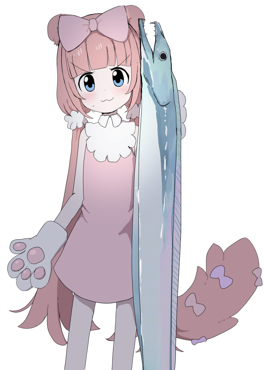 1girl :3 absurdres animal animal_ears animal_hands blue_eyes blunt_bangs blush bow chromu collared_dress commentary dress eel fish gloves hair_bow highres holding holding_animal holding_fish indie_virtual_youtuber long_hair looking_at_viewer low_twintails paw_gloves pink_hair sleeveless sleeveless_dress solo sweat tail tail_bow tail_ornament twintails very_long_hair virtual_youtuber vreparty