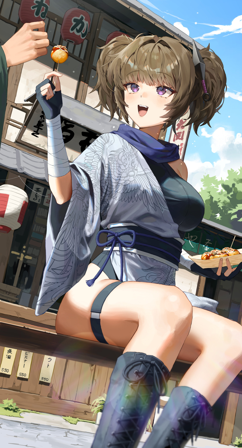 1girl absurdres bandaged_arm bandages bare_shoulders black_gloves black_leotard bodiedwile boots breasts brown_hair cross-laced_footwear day food gloves grey_kimono hadanugi_dousa hair_ornament highres holding japanese_clothes kimono knee_boots kunai large_breasts leotard long_hair looking_up obi open_mouth original outdoors partially_fingerless_gloves purple_eyes sash scarf short_kimono sitting skindentation smile solo takoyaki taut_leotard thigh_strap thighs twintails weapon wide_sleeves