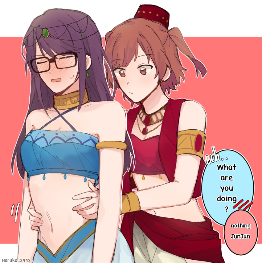 2girls aijou_karen bare_shoulders blue_tube_top blush brown_eyes brown_hair closed_eyes closed_mouth commentary english_commentary english_text glasses harem_outfit haruka_3442 highres hoshimi_junna long_hair midriff multiple_girls navel open_mouth pink_background purple_hair red_hat red_tube_top shoujo_kageki_revue_starlight speech_bubble strapless sweatdrop tube_top two-tone_background two_side_up upper_body white_background yuri