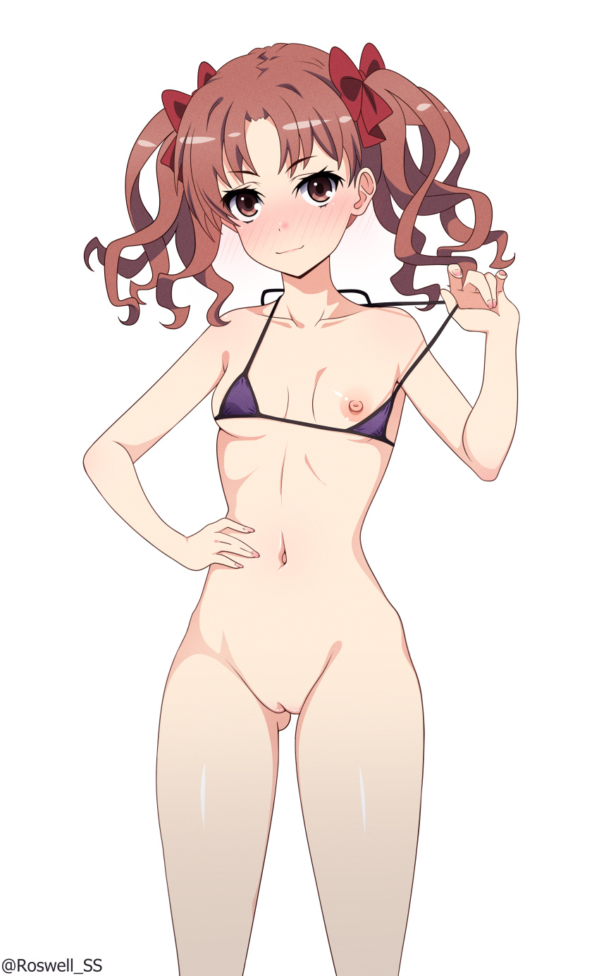 1girl absurdres artist_name ass_visible_through_thighs bikini black_bikini blush bottomless bow breasts brown_eyes brown_hair collarbone commission cowboy_shot hair_bow hand_on_own_stomach hand_up highres holding_strap long_hair navel nipple_slip nipples pixiv_commission pussy red_hair roswell_ss shiny_skin shirai_kuroko simple_background small_breasts smile solo standing swimsuit toaru_kagaku_no_railgun toaru_majutsu_no_index twintails white_background