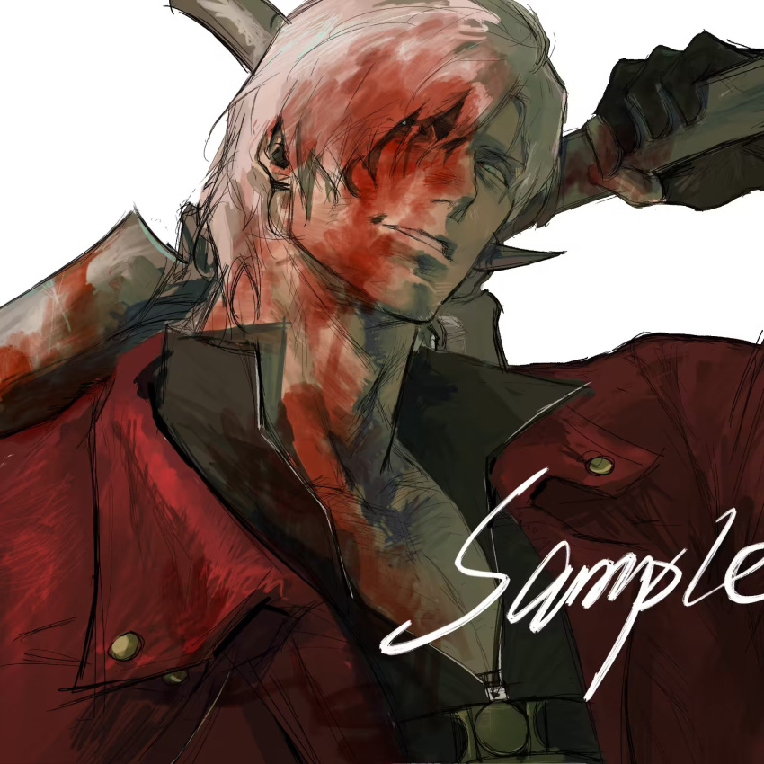 1boy bishounen black_gloves blood blood_on_clothes blood_on_face blue_eyes coat dante_(devil_may_cry) devil_may_cry_(series) devil_may_cry_4 facial_hair fingerless_gloves gloves highres holding holding_sword holding_weapon looking_at_viewer male_focus mature_male orr2kln3tjteydj rebellion_(sword) red_coat simple_background smile solo sword trench_coat weapon white_hair