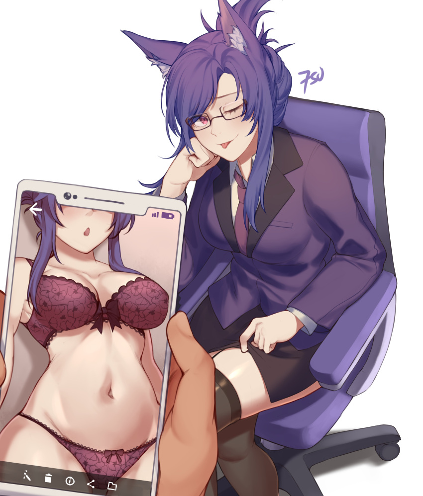 1girl ;p absurdres animal_ear_fluff animal_ears black_skirt black_thighhighs blazer borrowed_character bra breasts cellphone chair clothes_lift collared_shirt commission crossed_legs dress_shirt elbow_rest fake_phone_screenshot fake_screenshot fox_ears frenchvanillu glasses hair_up hand_on_own_cheek hand_on_own_face head_out_of_frame head_rest highres holding holding_phone jacket lace-trimmed_bra lace-trimmed_panties lace_trim large_breasts long_sleeves looking_at_viewer miniskirt navel necktie office_chair office_lady one_eye_closed open_mouth original panties parted_bangs pencil_skirt phone purple_bra purple_eyes purple_hair purple_jacket purple_necktie purple_panties shirt side_slit sidelocks sitting skirt skirt_lift smartphone solo_focus stomach swivel_chair thighhighs tongue tongue_out underwear underwear_only white_shirt