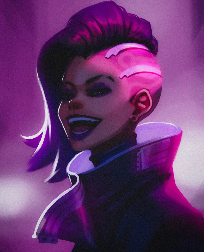 1girl asymmetrical_hair black_hair bodysuit bodysuit_under_clothes close-up earrings eyebrow_cut eyeshadow grin high_collar highres jacket jewelry long_hair looking_at_viewer makeup open_mouth overwatch overwatch_1 pink_theme portrait purple_eyes purple_eyeshadow purple_hair purple_lips purple_theme sideways_glance simple_background smile solo sombra_(overwatch) stud_earrings teeth titanartx tongue undercut