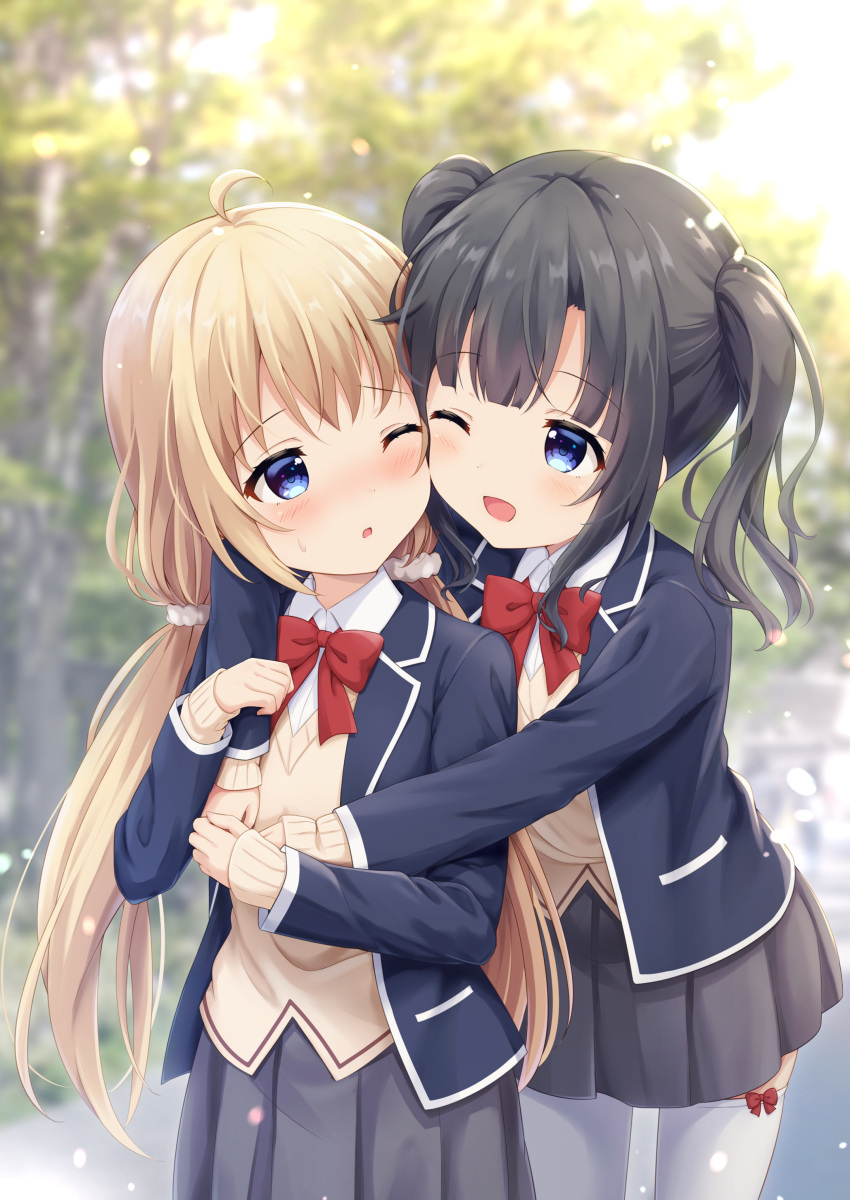 2girls ;d ;o absurdres ahoge arms_up aunt_and_niece behind_another black_jacket blazer blunt_bangs blurry blurry_background blush bow bow_legwear bowtie brown_sweater cheek-to-cheek collared_shirt commentary_request crossed_bangs grey_skirt hair_ornament hair_scrunchie heads_together highres hug itsumura_haruka itsumura_yukari jacket long_hair long_sleeves looking_at_another low_twintails medium_hair miniskirt multiple_girls nose_blush one_eye_closed open_clothes open_jacket open_mouth pleated_skirt re:stage! red_bow red_bowtie scrunchie shirt sidelocks skirt sleeves_past_wrists smile sweater thighhighs twintails white_scrunchie white_shirt white_thighhighs yutuki_ame