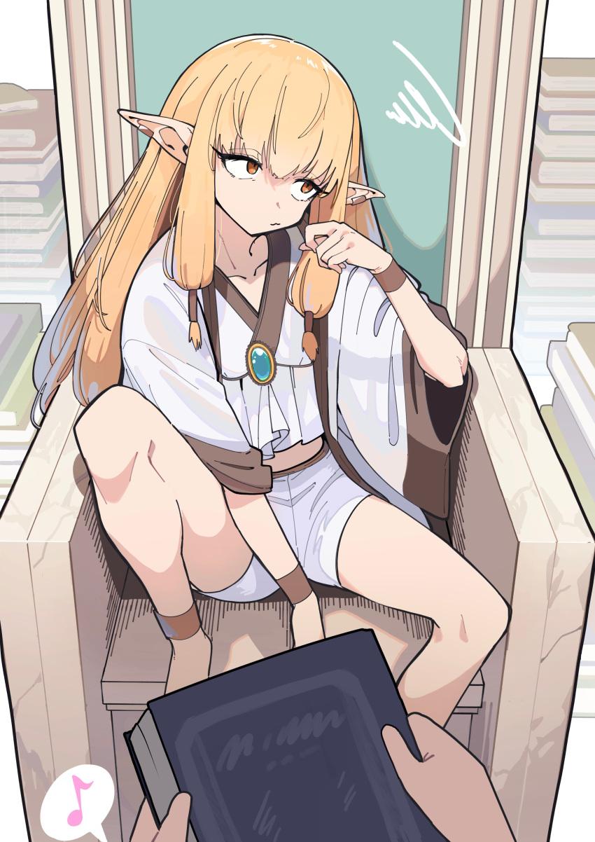 1girl absurdres anklet barefoot blonde_hair book book_stack bracelet brooch collarbone commentary_request earrings elf hair_tubes hanten_(hantennano) highres jewelry knee_up long_hair musical_note orange_eyes pointy_ears pov pov_hands robe serie_(sousou_no_frieren) shorts sidelocks sitting solo_focus sousou_no_frieren speech_bubble spoken_musical_note spoken_squiggle squiggle throne very_long_hair white_robe white_shorts wide_sleeves