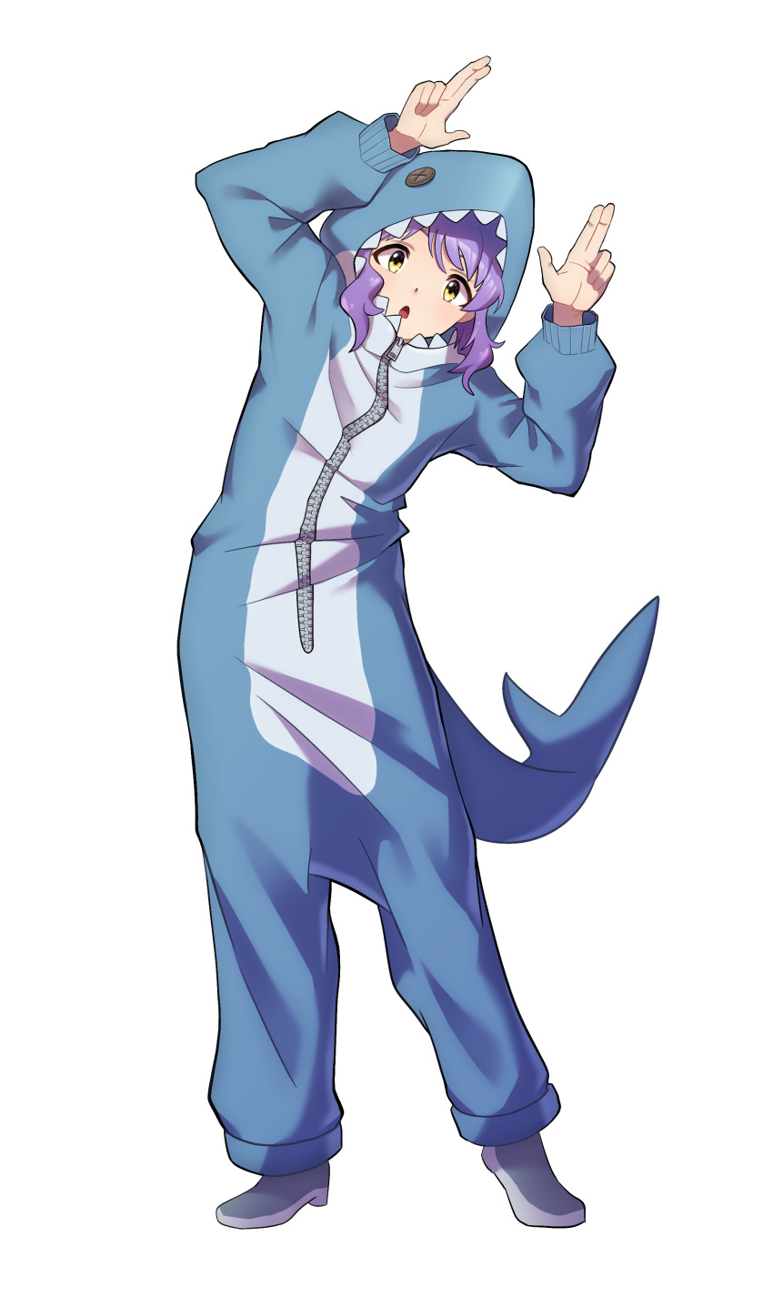 1girl :o absurdres animal_costume animal_hood commentary_request cosplay fake_tail fins fish_tail flat_chest full_body grey_footwear hands_up highres hood idolmaster idolmaster_million_live! jonero99 kigurumi long_sleeves looking_at_viewer makabe_mizuki purple_hair shark_costume shark_hood shark_tail short_hair sidelocks solo standing tail wavy_hair white_background yellow_eyes zipper_pull_tab