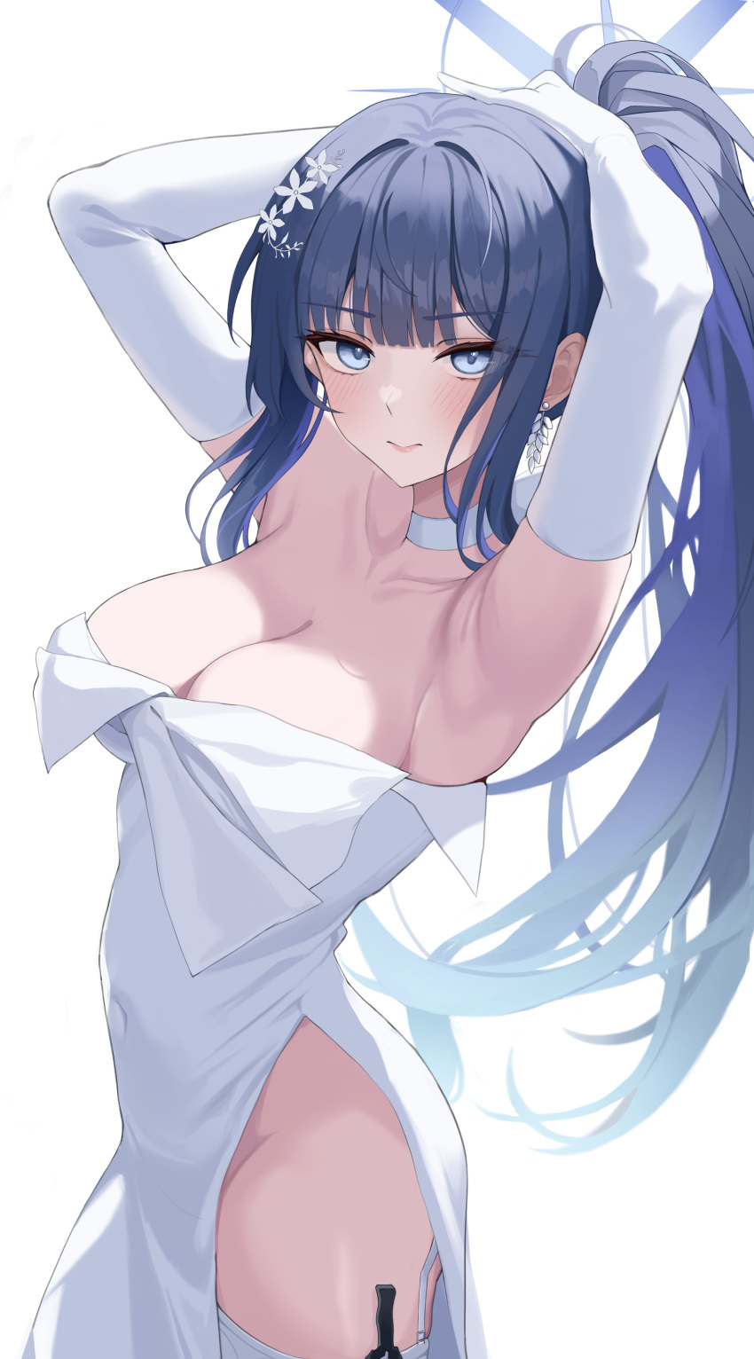 1girl absurdres adjusting_hair armpits arms_up blue_archive blue_eyes blue_hair blue_halo blush breasts choker cleavage closed_mouth collarbone colored_inner_hair covered_navel dress earrings elbow_gloves gloves hair_ornament halo hashtag-only_commentary highres holster jewelry large_breasts looking_at_viewer multicolored_hair no_panties official_alternate_costume official_alternate_hairstyle ponytail rianya07 saori_(blue_archive) saori_(dress)_(blue_archive) side_slit simple_background solo strapless strapless_dress thigh_holster white_background white_choker white_dress white_gloves