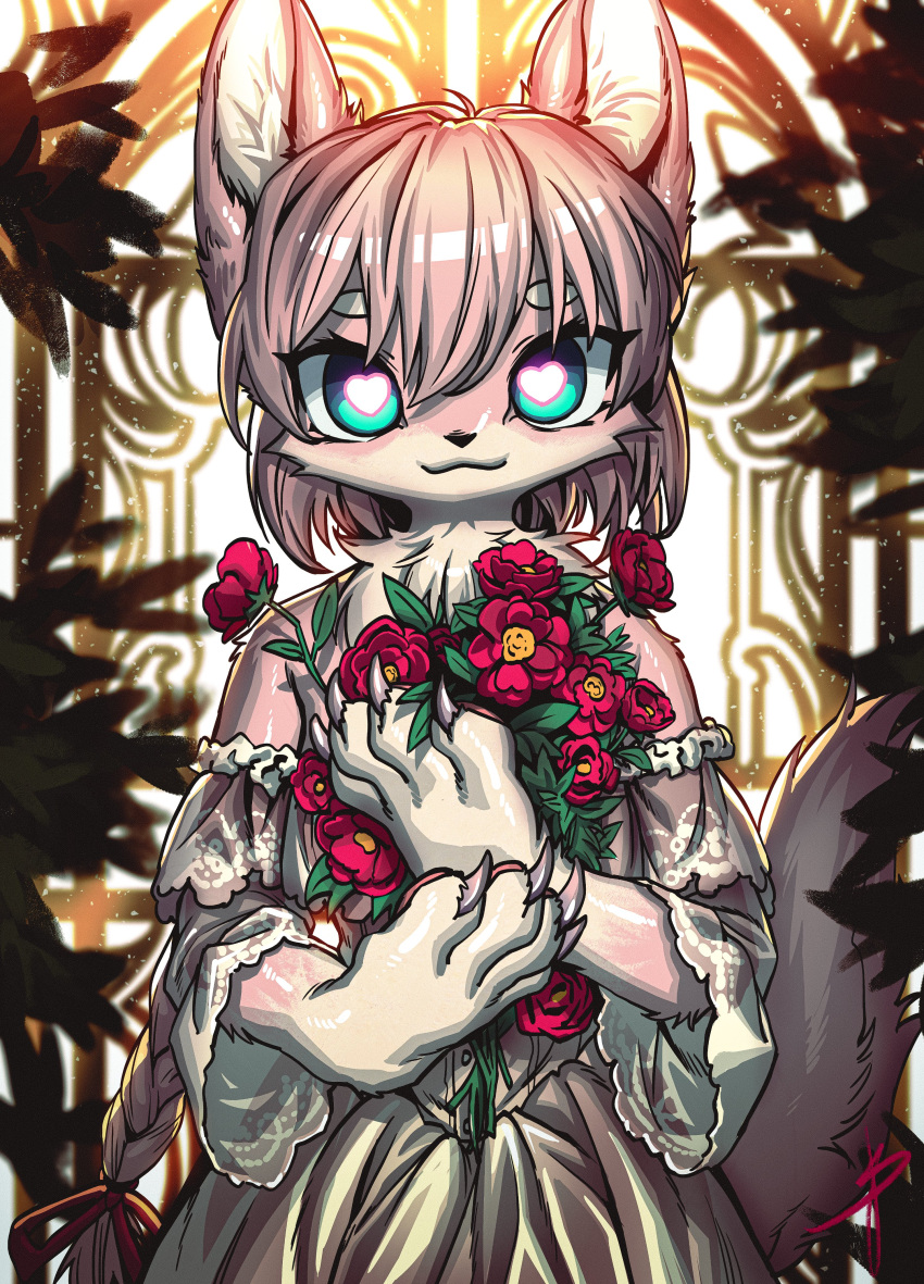 2022 :3 absurd_res accessory anthro bare_shoulders black_nose blaedic blue_eyes bouquet bow_ribbon braided_hair braided_ponytail canid canine cheek_tuft chest_tuft claws clothed clothing detailed_background door dress facial_tuft female female_anthro flower flower_bouquet fox front_view fully_clothed gloves_(marking) hair hair_accessory hair_bow hair_ribbon hana_(hana_eyo) handpaw heart_pupils hi_res holding_bouquet holding_flower holding_object inner_ear_fluff looking_at_viewer mammal markings paws pink_claws pink_hair plant ponytail portrait red_flower ribbons shrub solo standing three-quarter_portrait translucent translucent_clothing translucent_dress tuft white_clothing white_dress wrought_iron