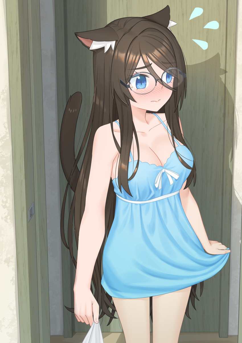 1girl absurdres aina_(mao_lian) animal_ear_fluff animal_ears averting_eyes blue_dress blue_eyes blush breasts brown_hair cat_ears cat_tail cleavage closed_mouth clothes_grab cowboy_shot doorway dress glasses highres large_breasts long_hair mao_lian_(nekokao) nervous nose_blush original over-rim_eyewear pov round_eyewear semi-rimless_eyewear short_dress skirt_hold solo spaghetti_strap standing tail