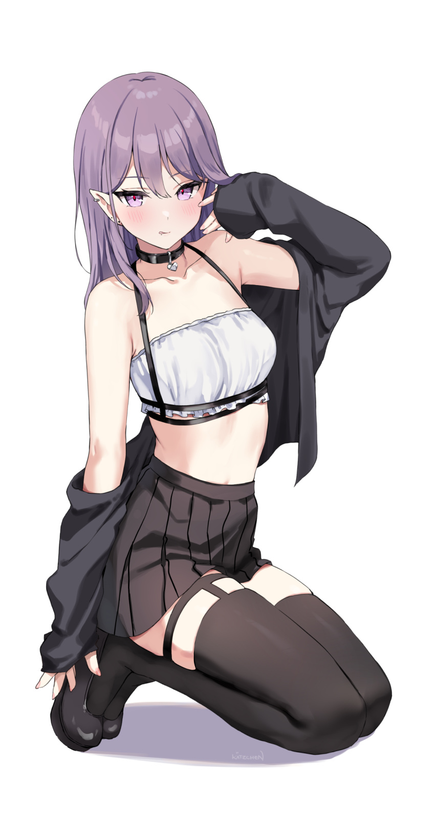 1girl armpit_crease artist_name bandeau bare_shoulders black_choker black_footwear black_garter_straps black_skirt black_straps black_sweater black_thighhighs blush breasts choker collarbone commentary dot_nose ear_piercing earrings full_body garter_straps hair_behind_ear hair_between_eyes hair_lift hand_in_own_hair hand_up heart highres jewelry kaetzchen kneeling licking_lips long_hair looking_at_viewer medium_breasts miniskirt misaki_(kaetzchen) navel off_shoulder original piercing pleated_skirt pointy_ears purple_eyes purple_hair shadow simple_background single_garter_strap skindentation skirt sleeves_past_wrists solo sweater symbol-only_commentary thick_eyelashes thigh_strap thighhighs tongue tongue_out underbust white_background white_bandeau