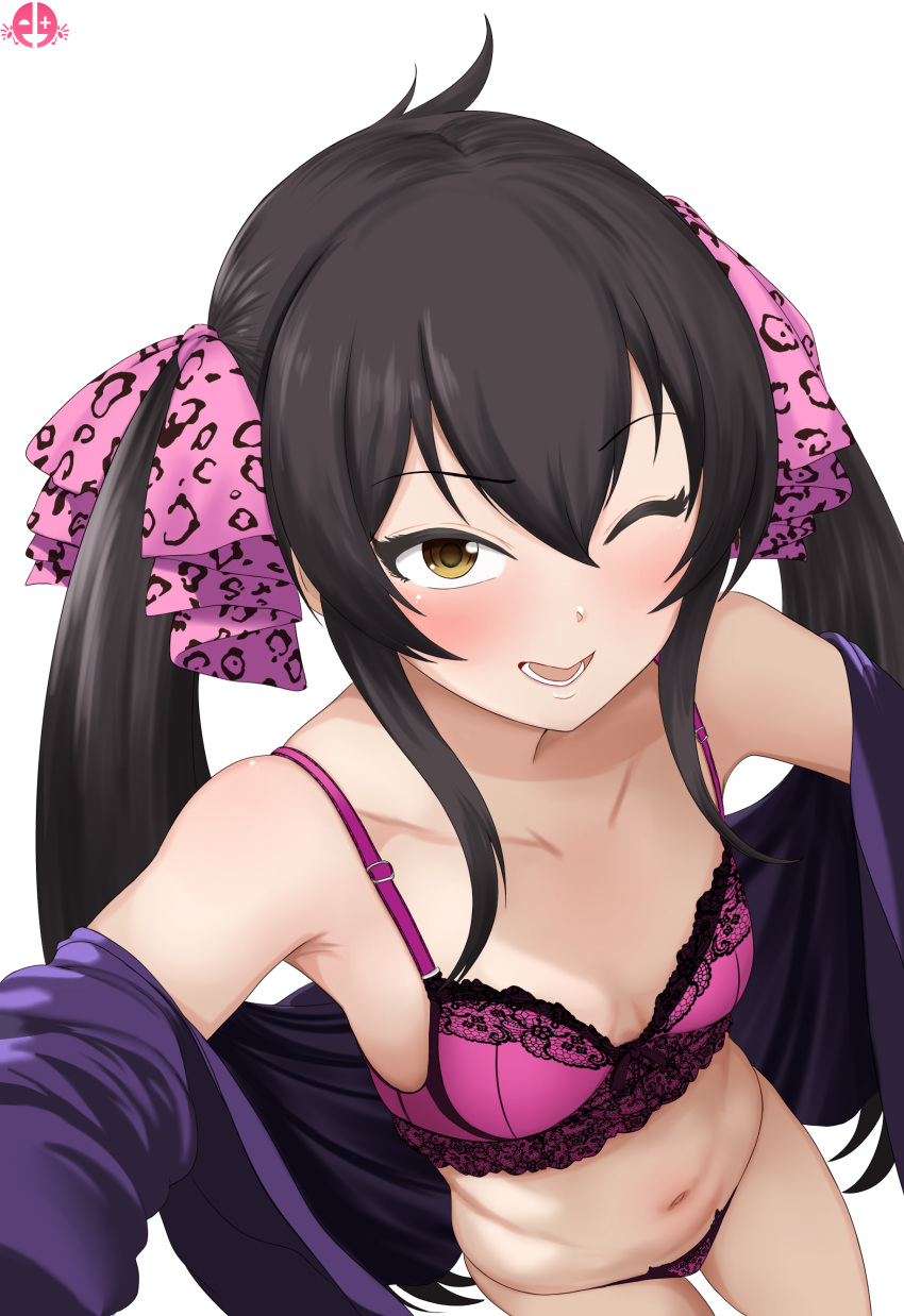 1girl ;d absurdres black_hair blush bra breasts collarbone embroidered_bra embroidered_panties highres idolmaster idolmaster_cinderella_girls jacket lingerie long_hair looking_at_viewer matoba_risa mrhunking navel one_eye_closed panties pink_bra pink_panties purple_jacket simple_background small_breasts smile solo stomach twintails underwear very_long_hair white_background