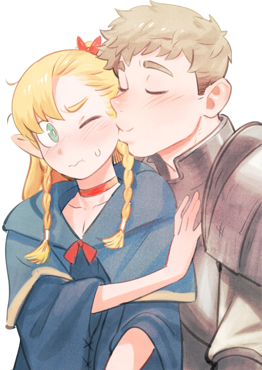 1boy 1girl absurdres armor blonde_hair blue_capelet blush braid capelet choker closed_eyes colo_(nagrolaz) couple dungeon_meshi elf green_eyes highres kiss kissing_cheek laios_touden long_hair long_sleeves marcille_donato one_eye_closed pointy_ears robe short_hair simple_background smile sweatdrop