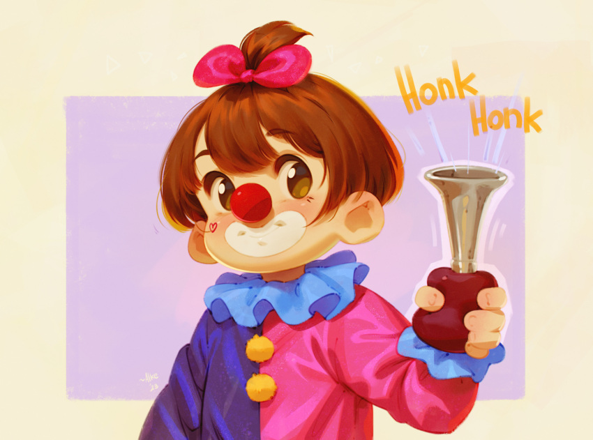 1girl alkemanubis bow brown_eyes brown_hair child clown clown_nose english_commentary english_text facepaint hair_bow highres looking_at_viewer original short_hair smile solo upper_body