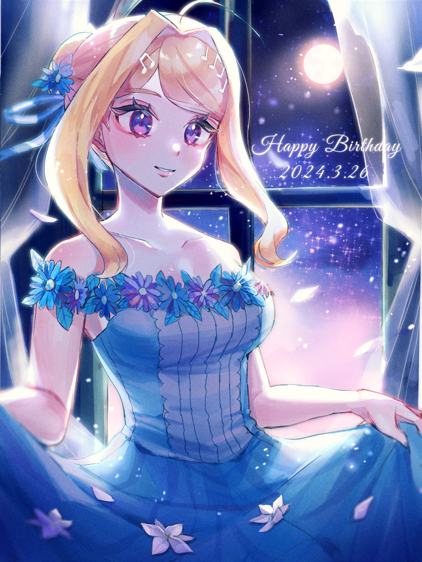 ahoge akamatsu_kaede bare_shoulders blue_eyes blue_flower breasts collarbone curtains danganronpa_(series) danganronpa_v3:_killing_harmony dated dress_flower flower hair_flower hair_intakes hair_ornament happy_birthday highres indoors kaeru_no_ko large_breasts night off_shoulder official_alternate_costume official_alternate_hairstyle petals pink_flower smile teeth