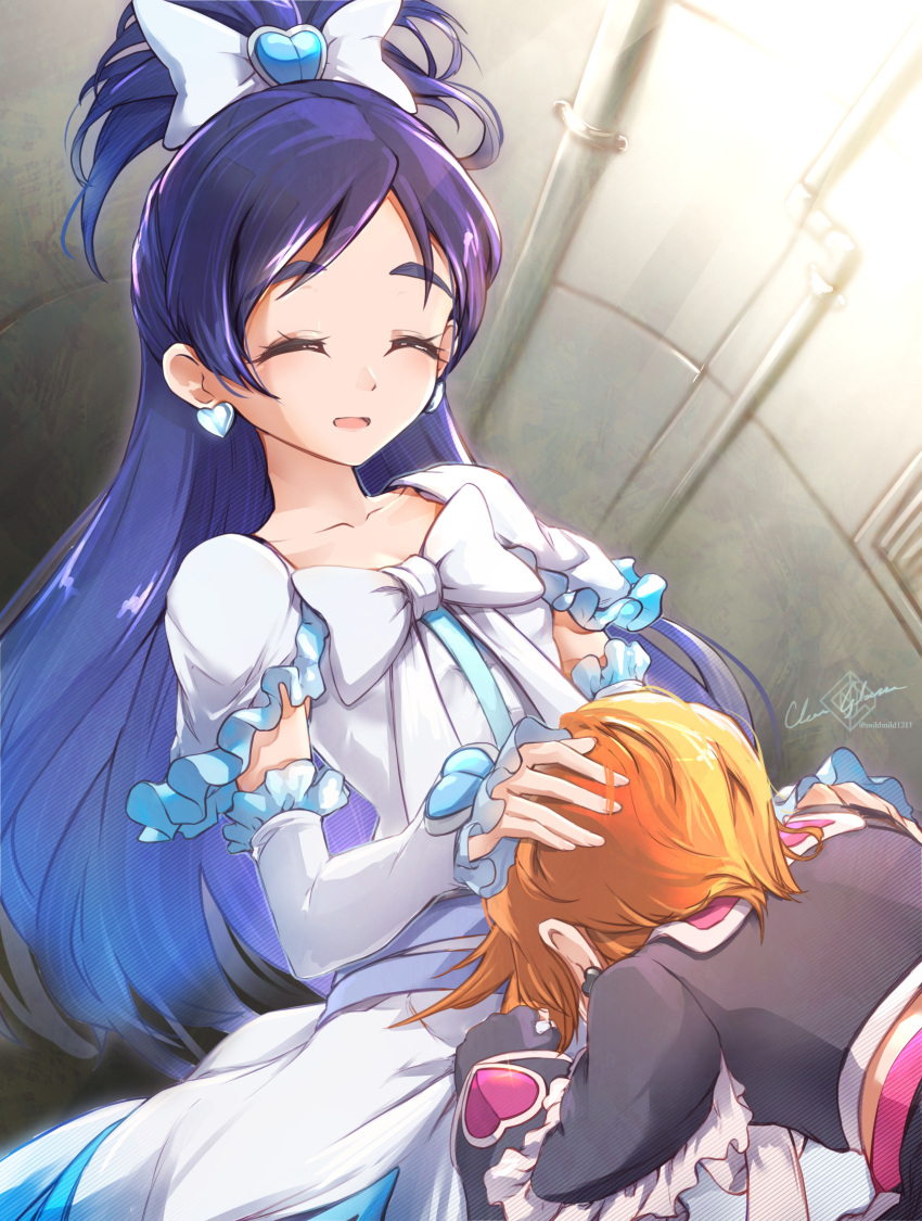 2girls arm_warmers blue_hair bow brooch brown_hair clear_glass_(mildmild1311) cure_black cure_white dress earrings futari_wa_precure gloves hair_ornament half_updo hand_on_another's_head heart heart_brooch heart_earrings highres indoors jewelry long_hair magical_girl misumi_nagisa multiple_girls open_mouth precure short_hair smile yukishiro_honoka