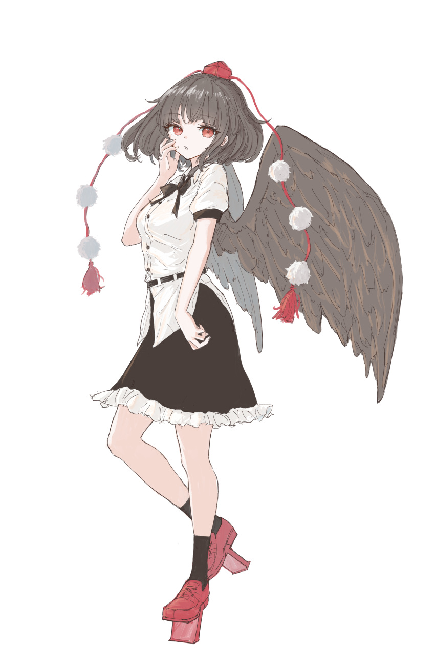 1girl absurdres black_hair black_skirt black_wings bob_cut feathered_wings full_body geta hat highres kashiwada_kiiho looking_at_viewer pom_pom_(clothes) red_eyes shameimaru_aya shirt short_sleeves simple_background skirt solo tengu-geta tokin_hat touhou white_background white_shirt wings