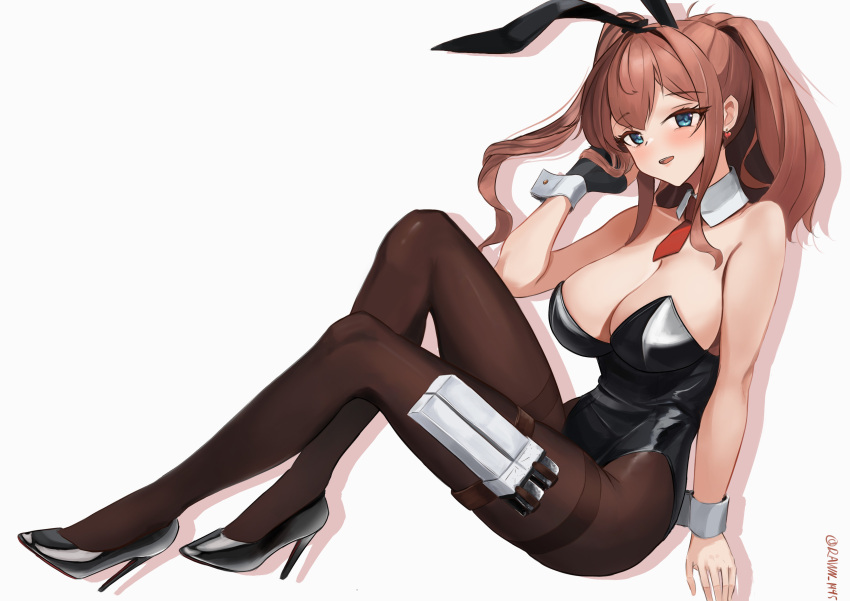 1girl absurdres alternate_costume animal_ears aqua_eyes black_footwear black_gloves black_leotard black_pantyhose breasts brown_hair dawn_1945 detached_collar fake_animal_ears fingerless_gloves gloves hair_between_eyes high_heels high_side_ponytail highleg highleg_leotard highres kantai_collection large_breasts leotard long_hair necktie pantyhose playboy_bunny ponytail rabbit_ears red_necktie saratoga_(kancolle) short_necktie side_ponytail single_glove sitting strapless strapless_leotard thigh_strap thighband_pantyhose wrist_cuffs