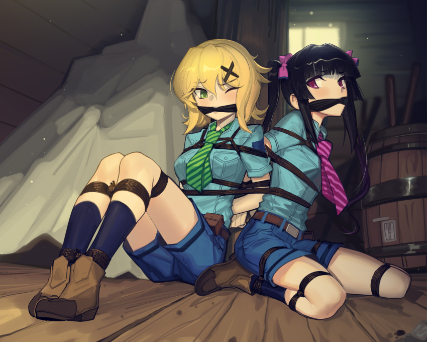 2girls akatsuki_kirika arms_behind_back bdsm belt black_hair blonde_hair blue_shirt blue_shorts blue_socks blush bondage bound bound_ankles bound_arms bound_legs bound_together bound_torso bound_wrists breasts brown_footwear cad_(caddo) cleave_gag cloth_gag frogtie gag gagged green_eyes green_necktie hair_ornament highres improvised_gag long_hair medium_breasts multiple_girls necktie pink_eyes pink_necktie pole_restraints restrained rope s.o.n.g._uniform senki_zesshou_symphogear shibari shibari_over_clothes shirt short_hair shorts socks striped_necktie tsukuyomi_shirabe twintails uniform x_hair_ornament