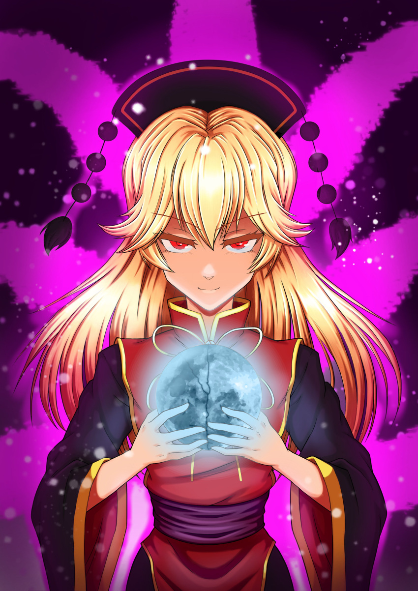 1girl absurdres blonde_hair closed_mouth commentary english_commentary hair_flaps headdress highres junko_(touhou) long_hair long_sleeves looking_at_viewer red_eyes smacphadraig solo tabard tassel touhou upper_body wide_sleeves