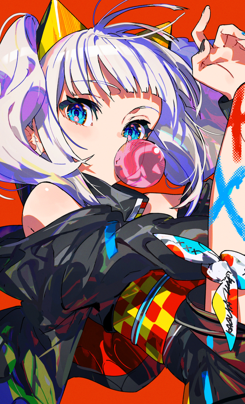 1girl arm_up bare_shoulders black_jacket black_nails blowing_bubbles blue_eyes blue_nails checkered_clothes chewing_gum commentary_request grey_hair highres jacket kaguya_luna mika_pikazo nail_polish off_shoulder open_clothes open_jacket red_background sidelocks simple_background sleeveless solo the_moon_studio twintails virtual_youtuber