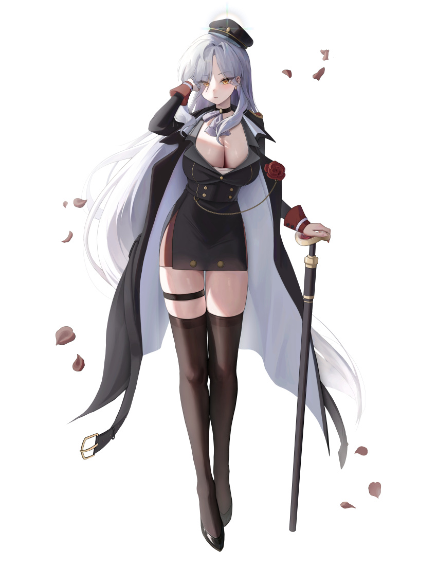 1girl absurdres black_footwear black_hat black_thighhighs breasts cleavage falling_petals flower_brooch full_body grey_hair halo hand_in_own_hair highres holding holding_scepter large_breasts long_hair looking_at_viewer original petals poko_(poko) scepter side_slit simple_background standing thigh_strap thighhighs very_long_hair white_background yellow_eyes