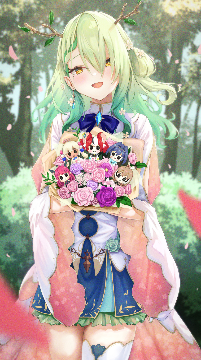 absurdres antlers blue_dress bouquet ceres_fauna ceres_fauna_(1st_costume) chibi commentary cowboy_shot dress earrings english_commentary flower forest green_hair hair_flower hair_ornament hakos_baelz highres holding holding_bouquet holocouncil hololive hololive_english horns irys_(hololive) jewelry layered_dress long_hair mole mole_under_eye nanashi_mumei nature ouro_kronii outdoors short_dress single_thighhigh smol_baelz smol_irys smol_kronii smol_mumei smol_sana tachibana_yuu_(shika) thighhighs tsukumo_sana virtual_youtuber white_dress white_thighhighs yellow_eyes zettai_ryouiki