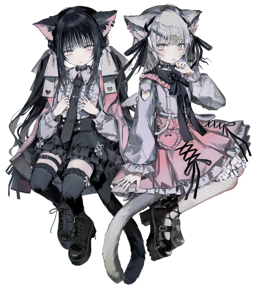 2girls absurdres animal_ears belt black_footwear black_hair black_necktie black_ribbon black_skirt black_thighhighs boots bow cat_ears cat_girl cat_tail closed_mouth clothing_cutout collar dress finger_to_own_chin fishnet_pantyhose fishnets frilled_dress frilled_sleeves frilled_thighhighs frills full_body grey_hair hair_ribbon hand_up heart_cutout highres invisible_chair jacket jewelry jirai_kei long_hair long_sleeves looking_at_viewer multiple_girls necktie original pantyhose pink_eyes pink_jacket pink_skirt platform_footwear ribbon ring shirt short_hair sidelocks simple_background sitting skirt tail tekito_midori thigh_belt thigh_strap thighhighs twintails white_background zipper