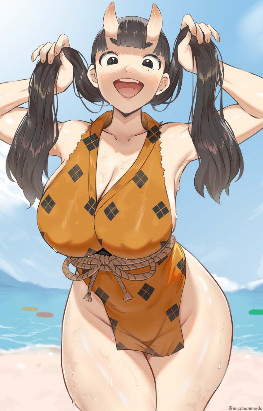 1girl absurdres armpits arms_up beach black_eyes black_hair blue_sky blunt_bangs cloud collarbone commentary covered_nipples cowboy_shot day dungeon_meshi groin highres holding_own_hair horns inutade japanese_clothes leaning_forward long_hair looking_at_viewer micchan_(micchanmeido) ocean oni open_mouth sky solo teeth thick_eyebrows thick_thighs thighs tongue twitter_username upper_teeth_only water wet wide_hips