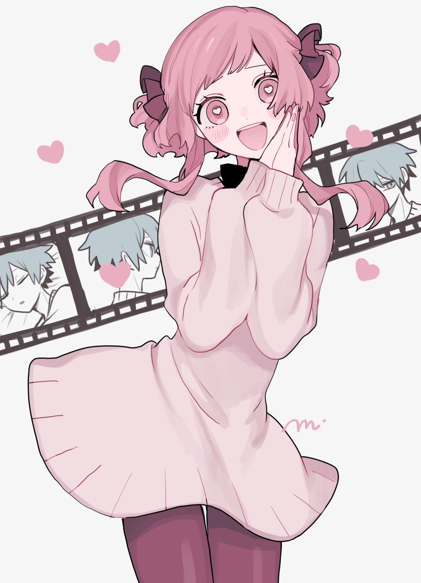 1boy 1girl blush blush_stickers dress film_strip hair_ornament heart heart-shaped_pupils high_collar highres long_sleeves looking_at_viewer maco22 open_mouth original own_hands_together pantyhose short_hair_with_long_locks smile solo_focus sweater sweater_dress symbol-shaped_pupils thigh_gap twintails
