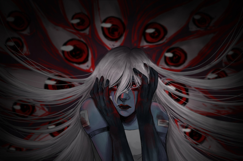 1girl ariane_yeong blood blood_from_eyes blue_skin colored_skin highres long_hair looking_at_viewer multicolored_eyes ohime_illust red_eyes signalis solo very_long_hair white_hair