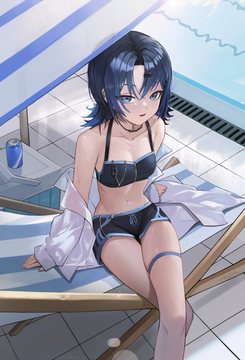 1girl absurdres anizi bikini bikini_shorts blue_bikini blue_eyes blue_hair blue_swim_trunks breasts can commentary_request cooler crossed_legs day deck_chair drink_can feet_out_of_frame hair_ornament hairclip halterneck highres hiodoshi_ao hololive hololive_dev_is jewelry looking_at_viewer male_swimwear medium_hair mole mole_under_mouth necklace off_shoulder open_clothes open_mouth open_shirt outdoors pool poolside shirt shorts sitting sleeves_past_wrists small_breasts solo swimsuit thigh_strap tile_floor tiles virtual_youtuber white_shirt zipper