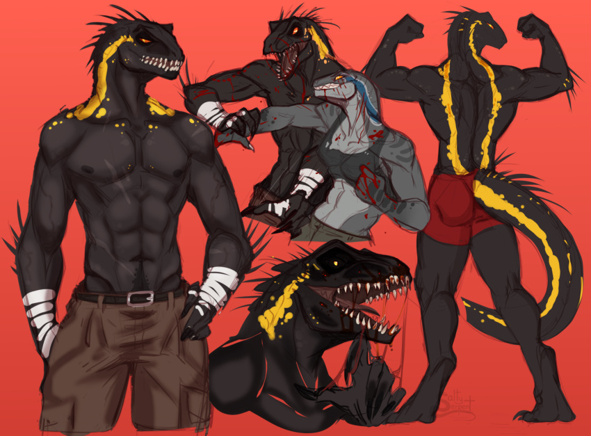 abs anthro blood blue_(jurassic_world) bodily_fluids claws dinosaur dromaeosaurid duo female fight flexing hi_res indoraptor jurassic_park jurassic_world male male/female muscular muscular_male open_mouth reptile ripper_(jurassic_world) saltyserpent scalie tail teeth theropod universal_studios velociraptor