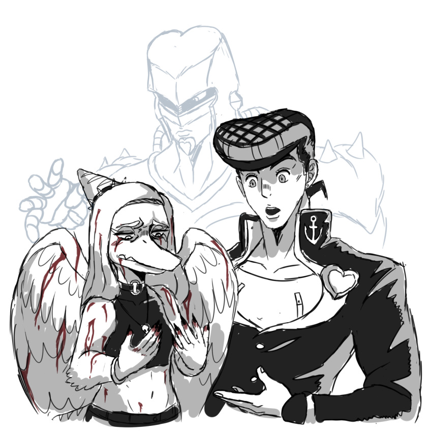 2024 5_fingers anthro black_and_white blood bodily_fluids claws crazy_diamond crossover dinosaur duo fang_(gvh) feathered_wings feathers female finger_claws fingers goodbye_volcano_high hair halter_top hi_res human humanoid jauntyweb jewelry jojo's_bizarre_adventure josuke_higashikata long_hair male mammal midriff monochrome necklace pterodactylus pterosaur reptile scalie short_hair sketch snout stand_(jjba) wings
