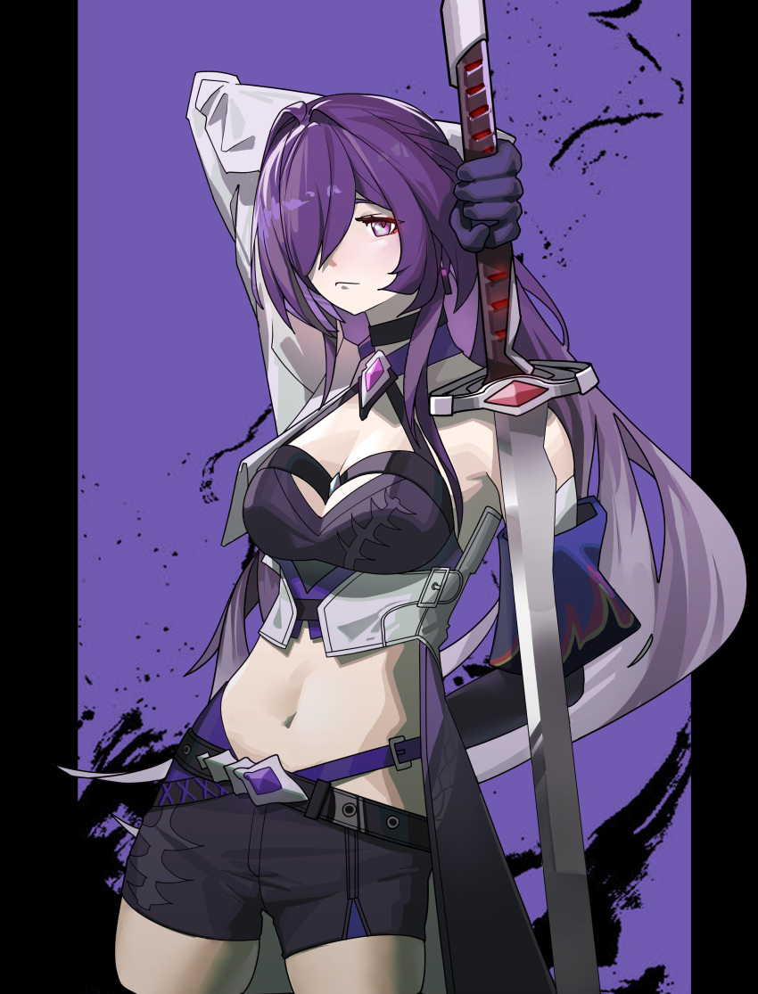 1girl absurdres acheron_(honkai:_star_rail) arm_up black_choker black_shorts breasts choker cleavage coat commentary_request cowboy_shot crop_top gloves gradient_hair grey_hair hair_over_one_eye halterneck highres holding holding_sword holding_weapon honkai:_star_rail honkai_(series) katana long_hair looking_at_viewer medium_breasts midriff multicolored_hair navel pillarboxed purple_background purple_eyes purple_gloves purple_hair short_shorts shorts single_bare_shoulder single_sleeve solo standing stomach sword very_long_hair weapon white_coat yy_yang