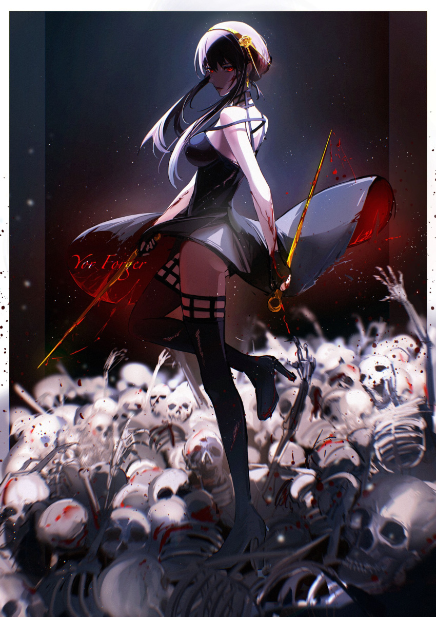 1girl absurdres bare_shoulders black_dress black_hair blood blood_on_face blood_on_hands blood_on_weapon bone character_name commentary dagger dress dual_wielding english_commentary floating_hair gold_hairband hairband highres holding holding_weapon knife long_hair looking_at_viewer red_eyes sidelocks skeleton skull solo spy_x_family stiletto_(weapon) strapless strapless_dress uko_0817 weapon yor_briar