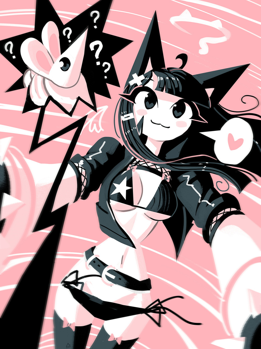 1girl :3 ? ?? andaerz animal_ears belt bikini black_eyes blunt_bangs blush bracelet breasts cat_ears cat_girl cat_tail detached_wings fishnet_top fishnets hair_ornament hairclip halo heart highres jacket jewelry limited_palette long_hair mouse navel open_clothes open_jacket original ribbon short_sleeves smile solo speech_bubble spiked_bracelet spikes star_(symbol) star_print swimsuit tail thigh_bow thighhighs wings
